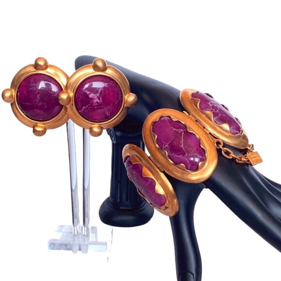 Anne Klein Couture rare vintage 80s magenta marble cabochon earrings & bracelet